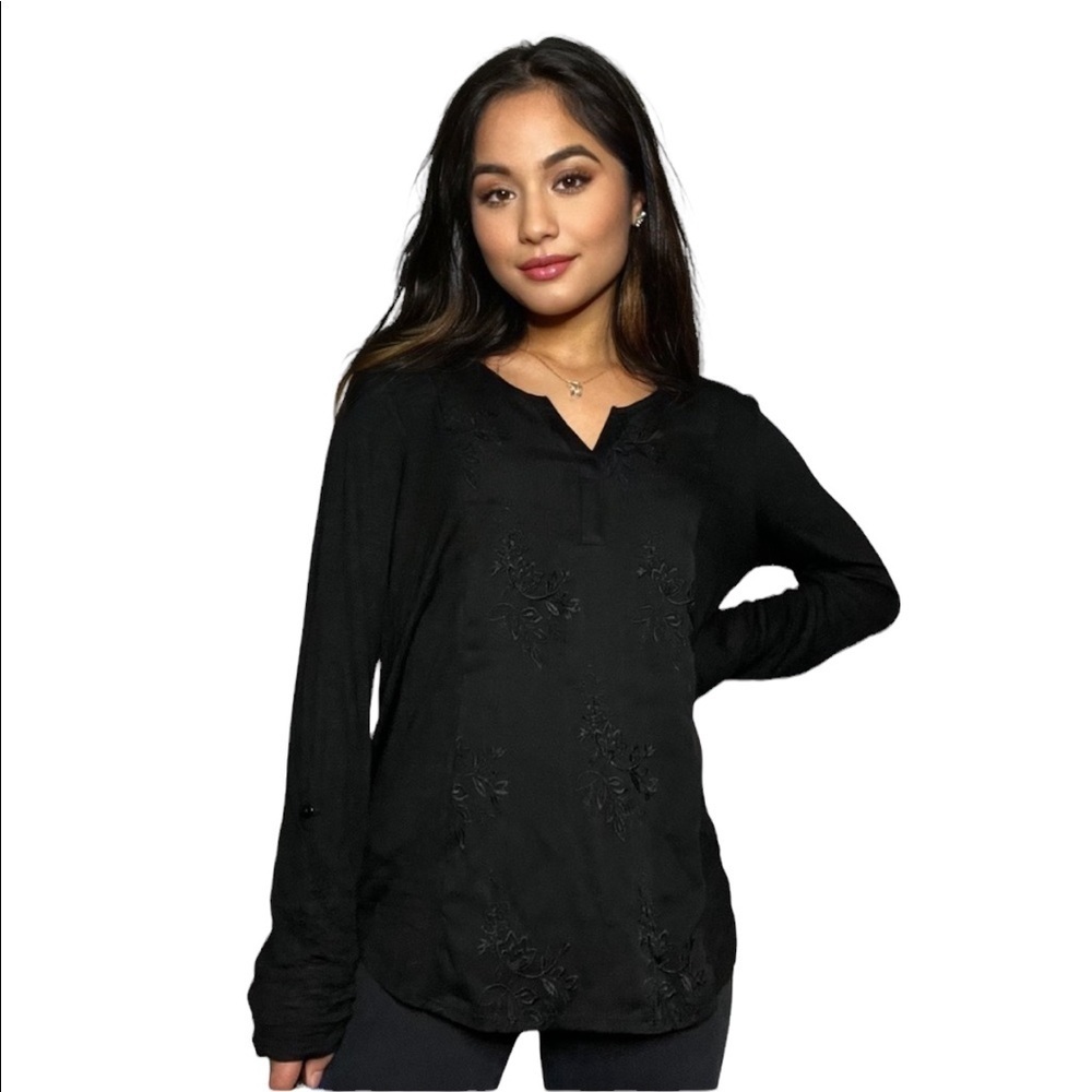 Style &‎ Co Roll-Tab Sleeve Split Neck Embroidered Tunic Top Women Size XS